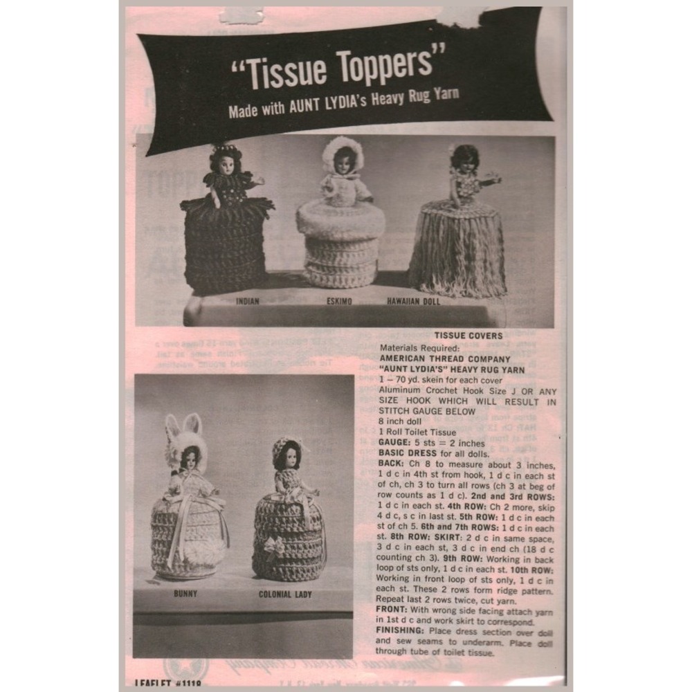 Vintage Aunt Lydia's Tissue Toppers Crochet Pattern Leaflet 1119 Doll Covers